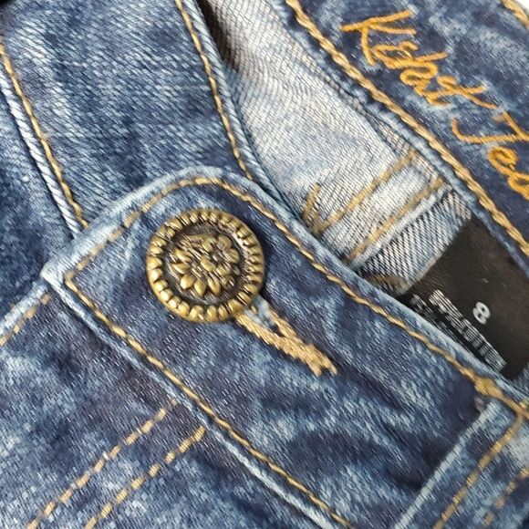 8 CROCHETED TRIM POCKETS BOHO KIKT WIDE LEG FLARE BLUE TAN BOHEMIAN JEANS - Picture 8 of 15
